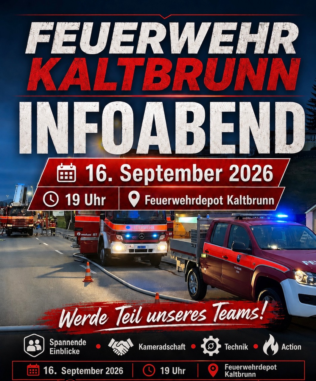 Flyer Feuerwehr Kaltbrunn Infoabend – 16. September 2026, 19 Uhr, Feuerwehrdepot Kaltbrunn